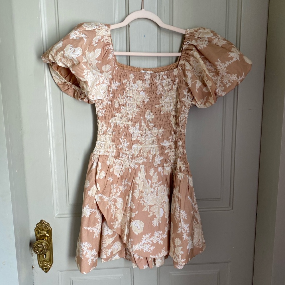 LoveShackFancy Brown Fit and Flare Puff Sleeve Mini Dress